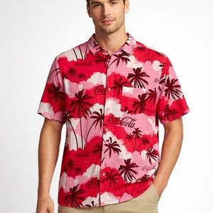 Coca-Cola Hawaiian Men’s Shirt Palm Tree Logo Print Rayon M/ L
